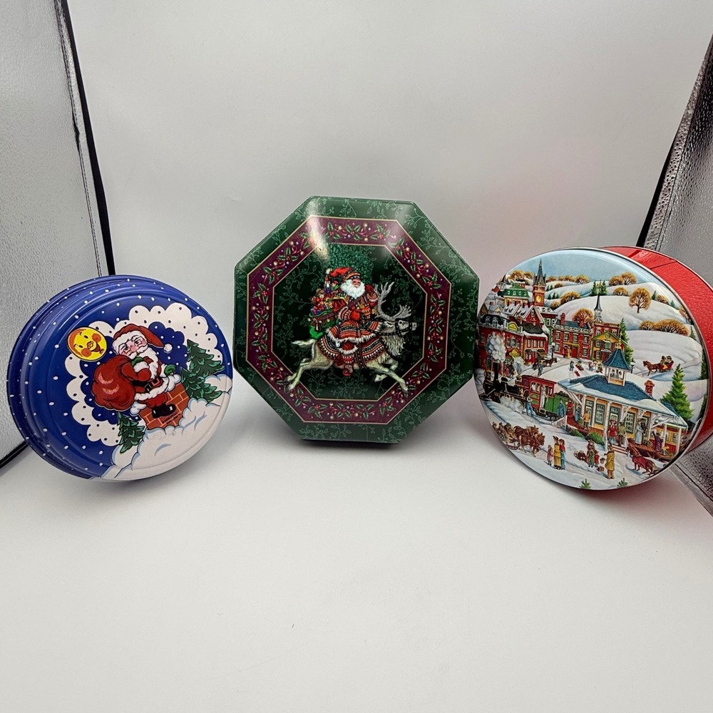 Vintage Christmas Cookie Tin Set 3pc Santa Winter Village Cheryl Ann Ullman Co